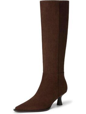 DREAM PAIRS Women's Dark Brown-Suede Knee High Kitten Heel Boots Pointed Toe